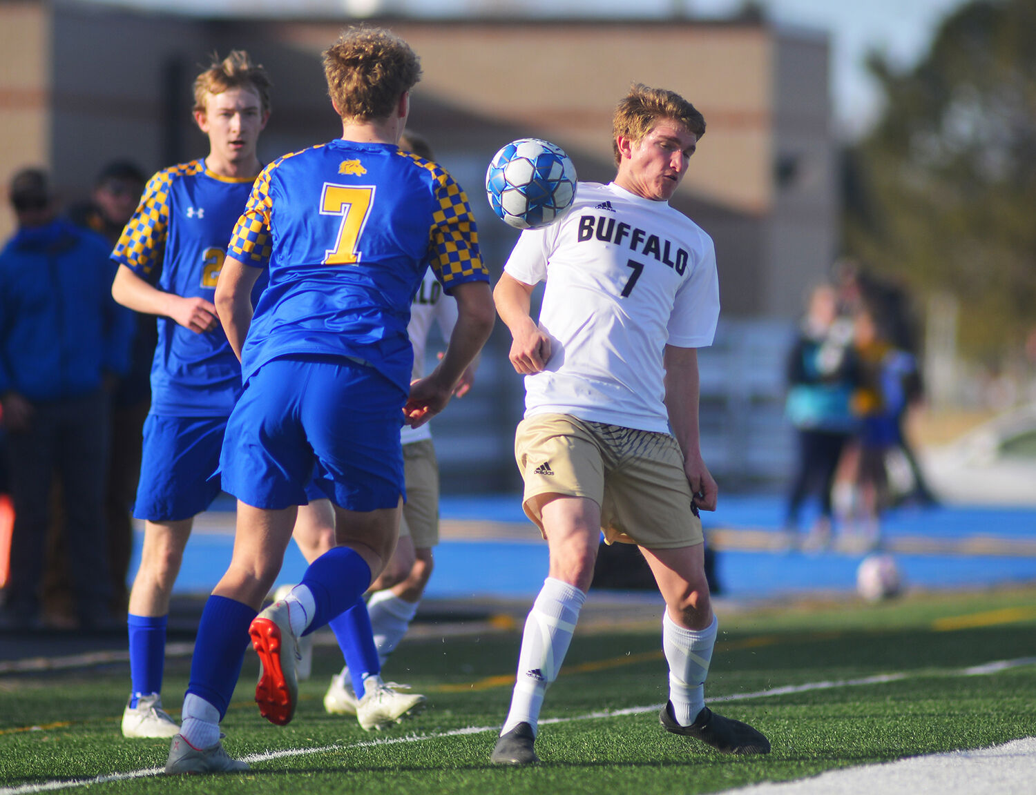 Taylor Swanston traps a ball with his chest